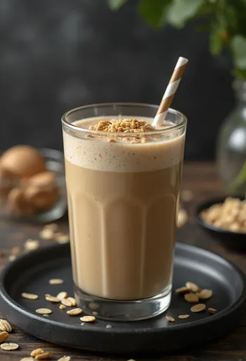 Smoothie cu cafea servit în pahar înalt, decorat cu felii de banană