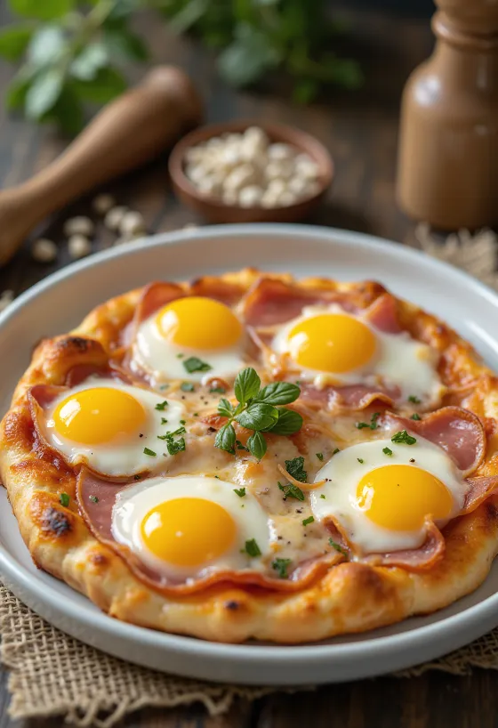 Pizza Bismark cu ou și șuncă