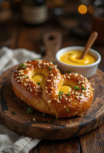 Pretzel proaspăt, de casă, crocant și auriu, cu sos de muștar și miere