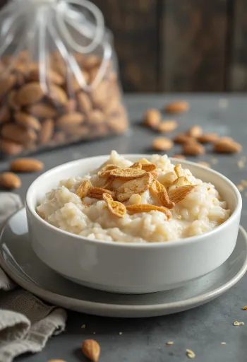 Risengrød danez cremos servit presărat cu bucăți crocante de migdale