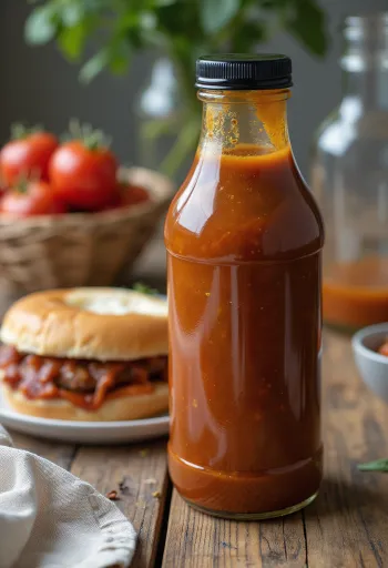 Sos barbecue cu roșii și bere într-un bol, lângă cărnuri la grătar.
