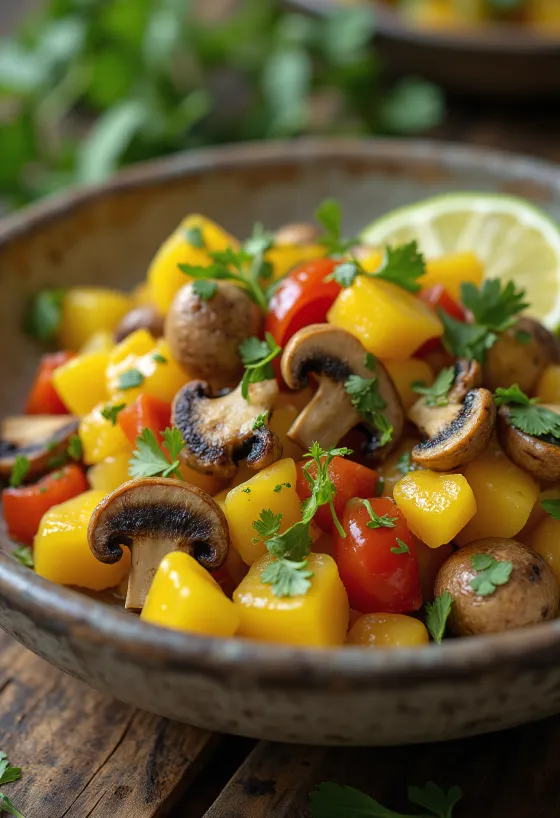 Ackee și ciuperci, o mâncare delicioasă servită cu coriandru proaspăt și felii de lime