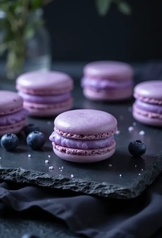 Macarons cu afine și marțipan servite