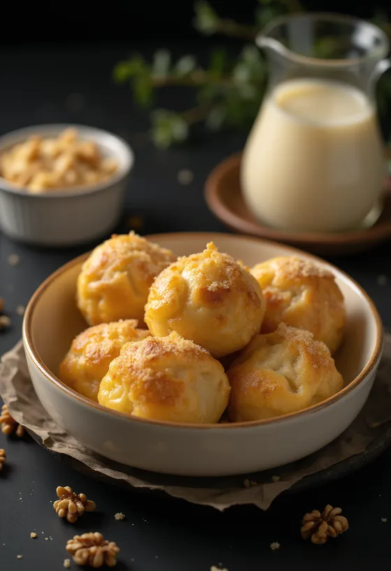 Găluște aurii tradiționale cu sos de vanilie, straturi cu nucă și aluat pufos.