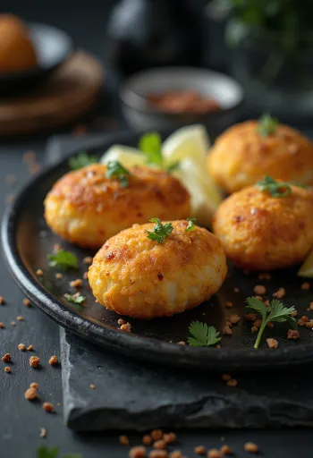 Bolinho de bacalhau varianta cu tofu, bile de tofu prăjite auriu.