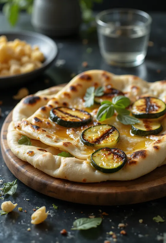 Pâine naan cu dovlecei la grătar servită