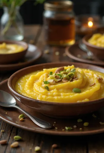 Kesar phirni servit, desert de orez cu șofran decorat cu migdale și fistic