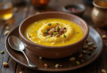 Kesar phirni servit, desert de orez cu șofran decorat cu migdale și fistic