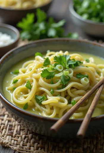 Paste cu curry verde și lapte de cocos cu legume exotice