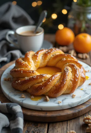 Kringle cu umplutură de portocale, aluat foietaj, umplutură de portocale și produse de patiserie proaspete.