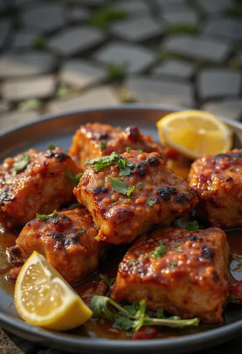 Tandoori goat served with naan bread and fresh cilantro.