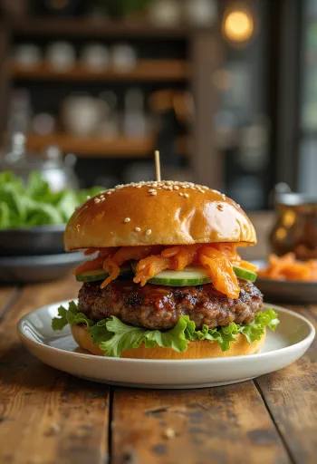 Burger Bulgogi cu kimchi și chiflă