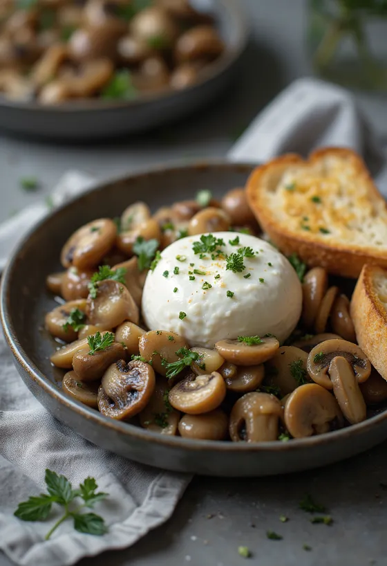 Burrata servită cu ciuperci prăjite, stropită cu oțet balsamic, cu pâine prăjită