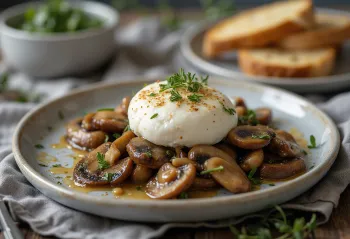 Burrata servită cu ciuperci prăjite, stropită cu oțet balsamic, cu pâine prăjită