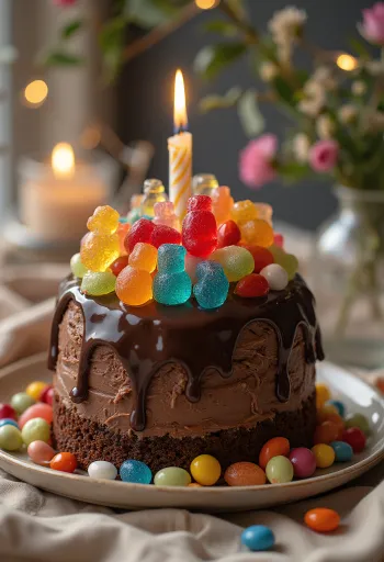 Tort de ciocolată cu bomboane decorat cu bomboane colorate și perle