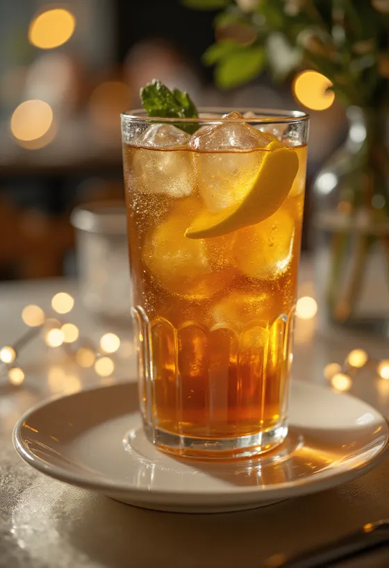 Cocktail Long Island Iced Tea decorat cu felie de lămâie