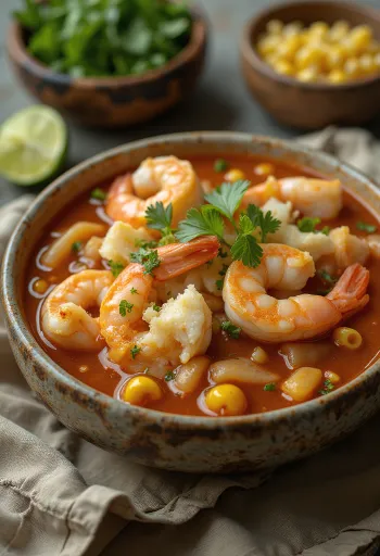 Bol festiv cu Pozole con mariscos, creveți roz și ierburi proaspete