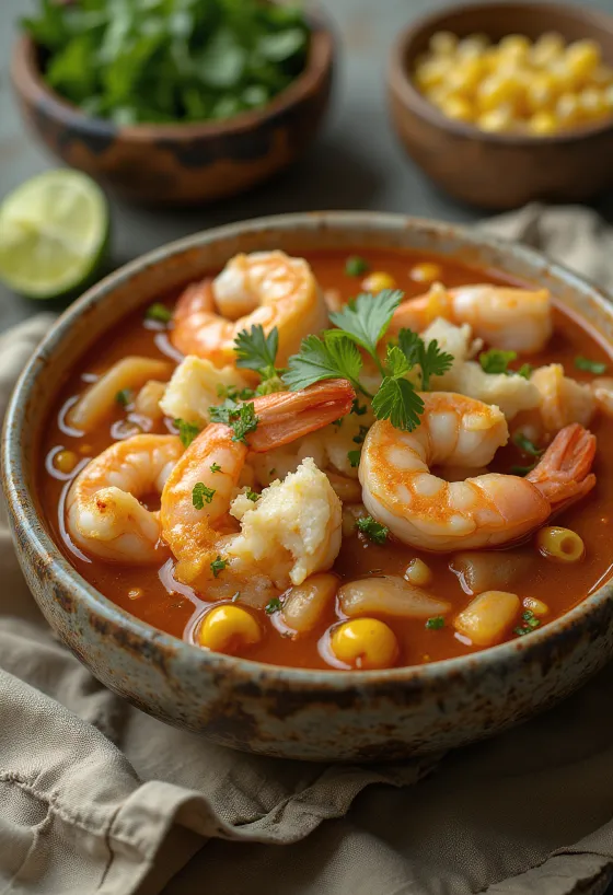 Bol festiv cu Pozole con mariscos, creveți roz și ierburi proaspete
