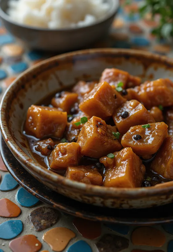 Adobo cu carne de porc, servit lângă orez și coriandru proaspăt