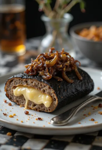 Black pudding umplut cu brânză, servit cu ceapă caramelizată și pătrunjel proaspăt