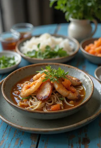Bun Cha servit cu tăiței de orez și legume proaspete