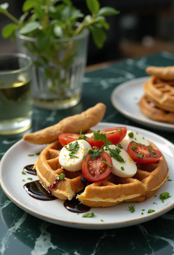 Gofre Caprese cu roșii, mozzarella și busuioc