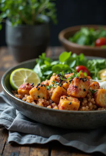 Bol Buddha cu lime, tofu, quinoa și tahini de sfeclă cu curry servit