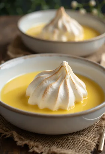 Lapte de pasăre servit în pahare, decorat cu cremă de vanilie și spumă de albuș