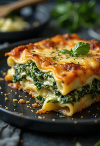 Lasagne cu spanac stratificat, cu brânză rumenită auriu deasupra