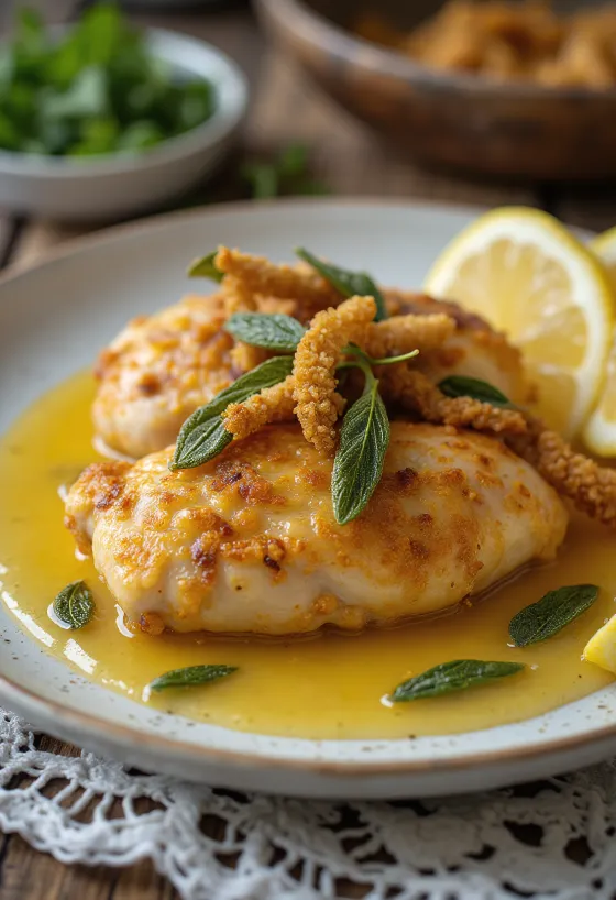 Pui cu salvie, cu piele crocantă și ierburi proaspete servit