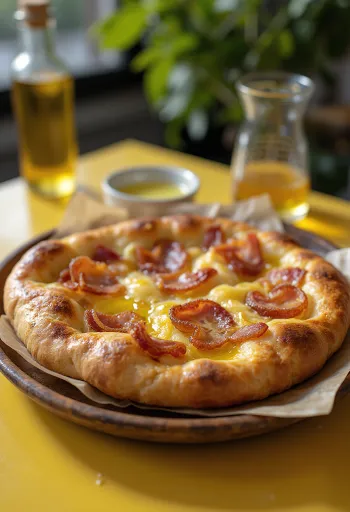 Focaccia cu bacon și ceapă roșie servită