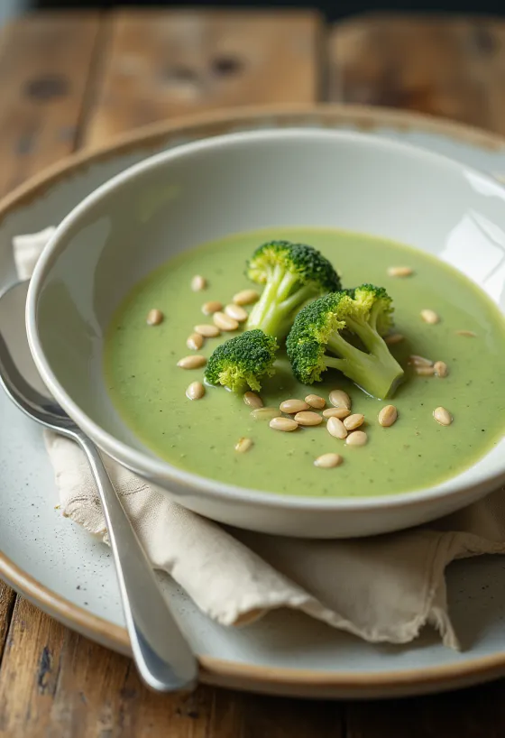 Supă cremă de broccoli cu semințe prăjite servită