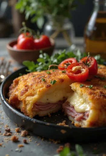 Cachopo servit cu cartofi prăjiți și lămâie