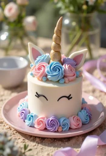 Tort Unicorn cu blaturi colorate și decor din fondant