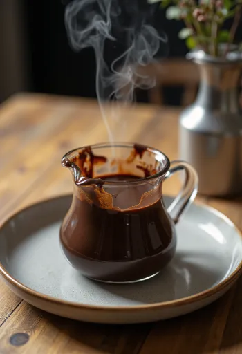 Sos de ciocolată condimentat servit lângă prăjituri