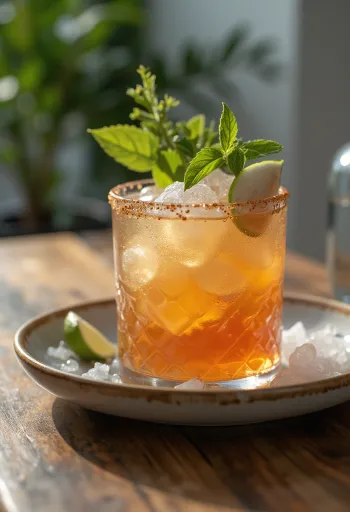 Cocktail Mai Tai decorat cu frunze de mentă și felie de lime