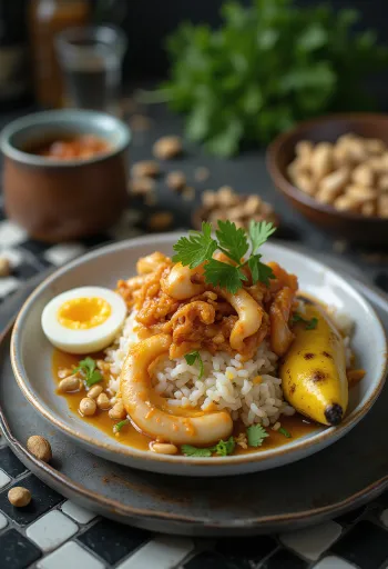 Nasi lemak cu sambal de calamar, servit cu piele de rață prăjită și ou fiert