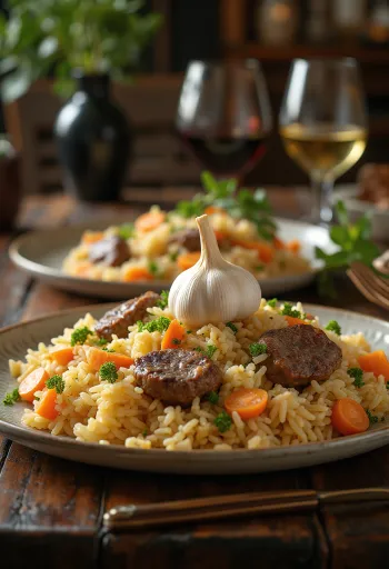 Pilaf cu carne de miel servit