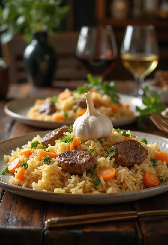 Pilaf cu carne de miel servit