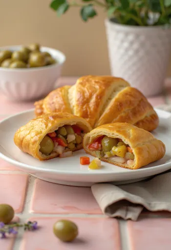 Salteña cu măsline, aluat crocant și legume colorate