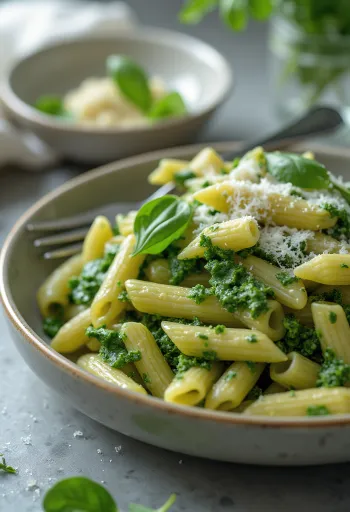 Paste cremoase cu spanac presărate cu parmezan proaspăt, servite pe o farfurie albă.