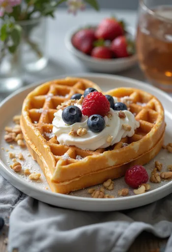 Gofre în formă de inimă cu căpșuni și ciocolată