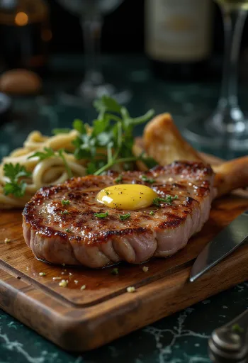 Steak de ceafă de porc servit cu cartofi prăjiți și legume