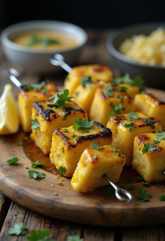 Achari paneer tikka, bucăți de paneer la grătar, condimentate în marinadă de iaurt, servite cu coriandru proaspăt și lămâie