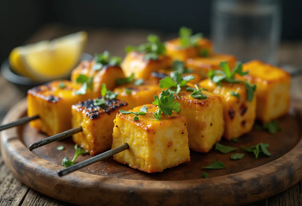 Achari paneer tikka, bucăți de paneer la grătar, condimentate în marinadă de iaurt, servite cu coriandru proaspăt și lămâie