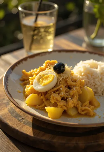 Ají de Gallina servit cu ceapă, ouă proaspete și fulgi de migdale