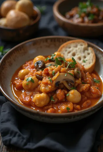 Papricaș de ciuperci cu găluște vegane servit
