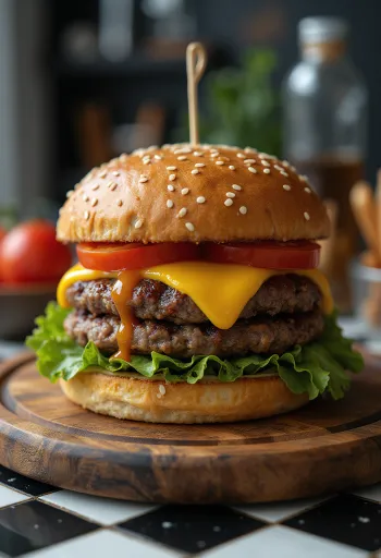 Hamburger servit cu cartofi prăjiți și salată proaspătă