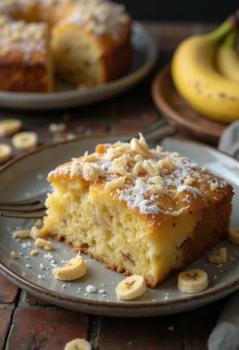 Tort de banane cu cocos pudrat cu zahăr și decorat cu fulgi de cocos