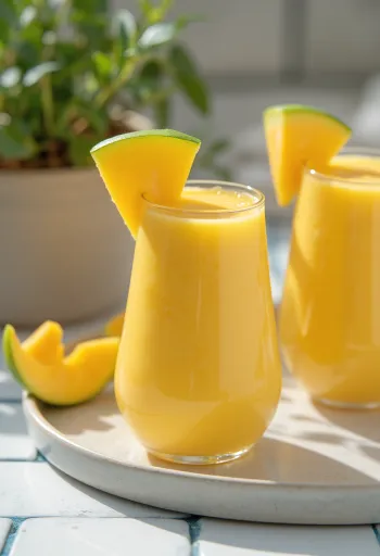 Smoothie cu mango în pahar înalt, decorat cu felii de mango